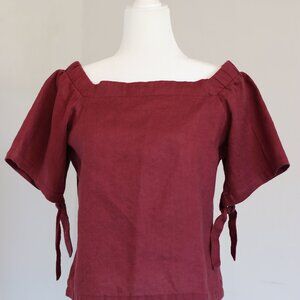 Burgundy/Wine/Maroon Linen Off The Shoulder Boho Top, Short-Sleeve Blouse, Ties